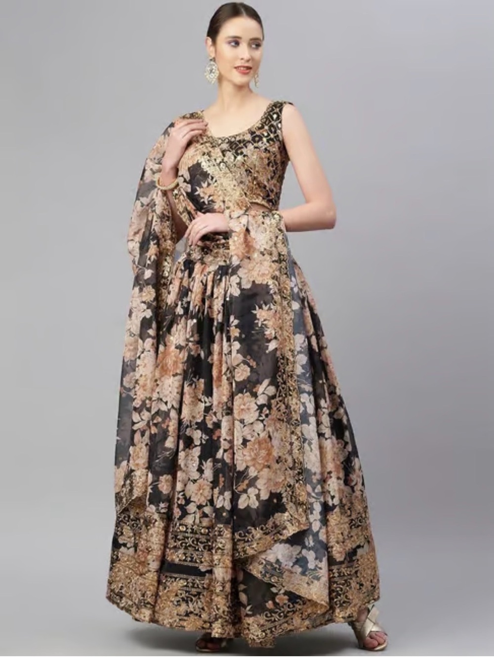 Floral Black and Gold Lehenga